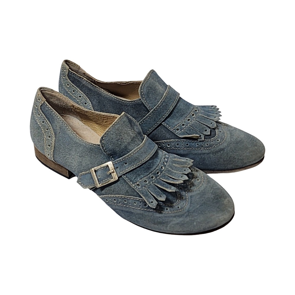 Danielle Blue Suede Kiltie Monk Strap Brogue Loafers Made in Italy Size 39